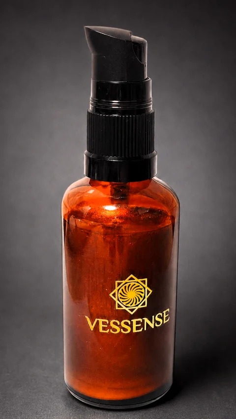 VESSENSE L'HUILE BRONZE GRAND LARGE amber glass bottle with black precision pump