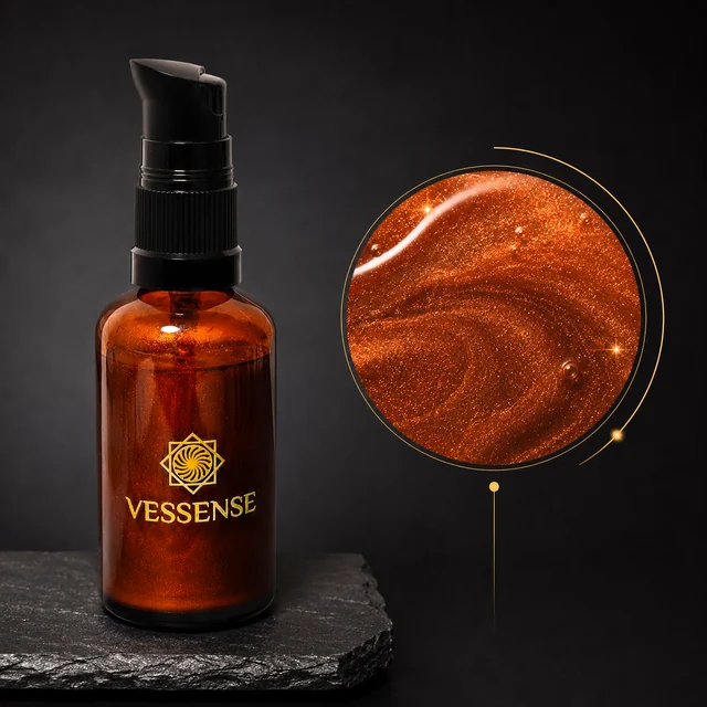 VESSENSE L'HUILE BRONZE GRAND LARGE in a 50 ml amber glass bottle with black pump beside a close-up of fine bronze-gold mineral shimmer