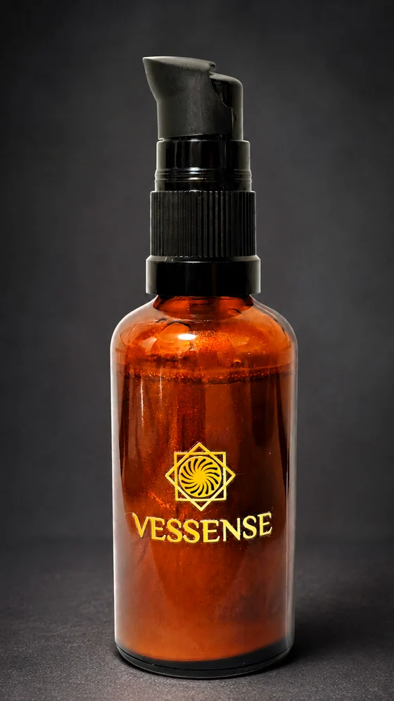 VESSENSE L'HUILE BRONZE GRAND LARGE amber glass bottle with black precision pump
