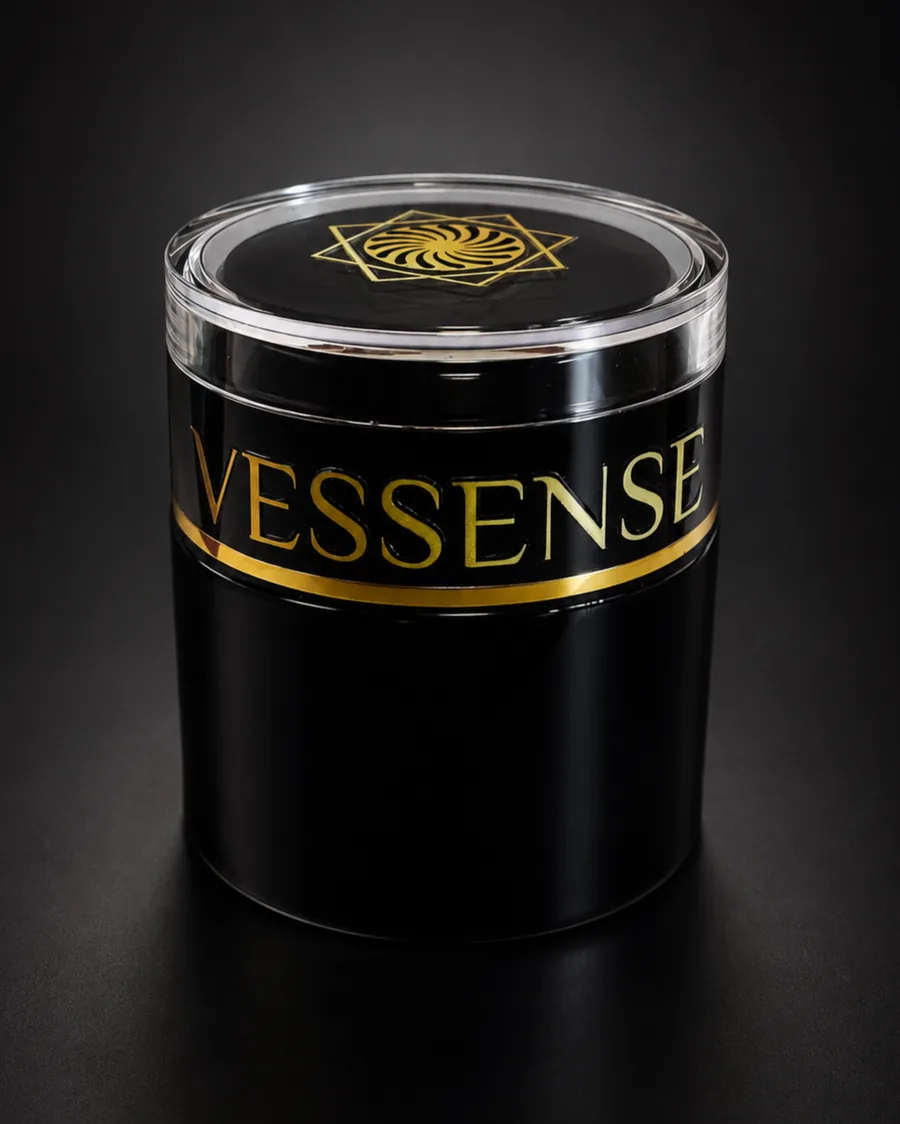 Glossy black glass VESSENSE jar with gold lettering, studio portrait