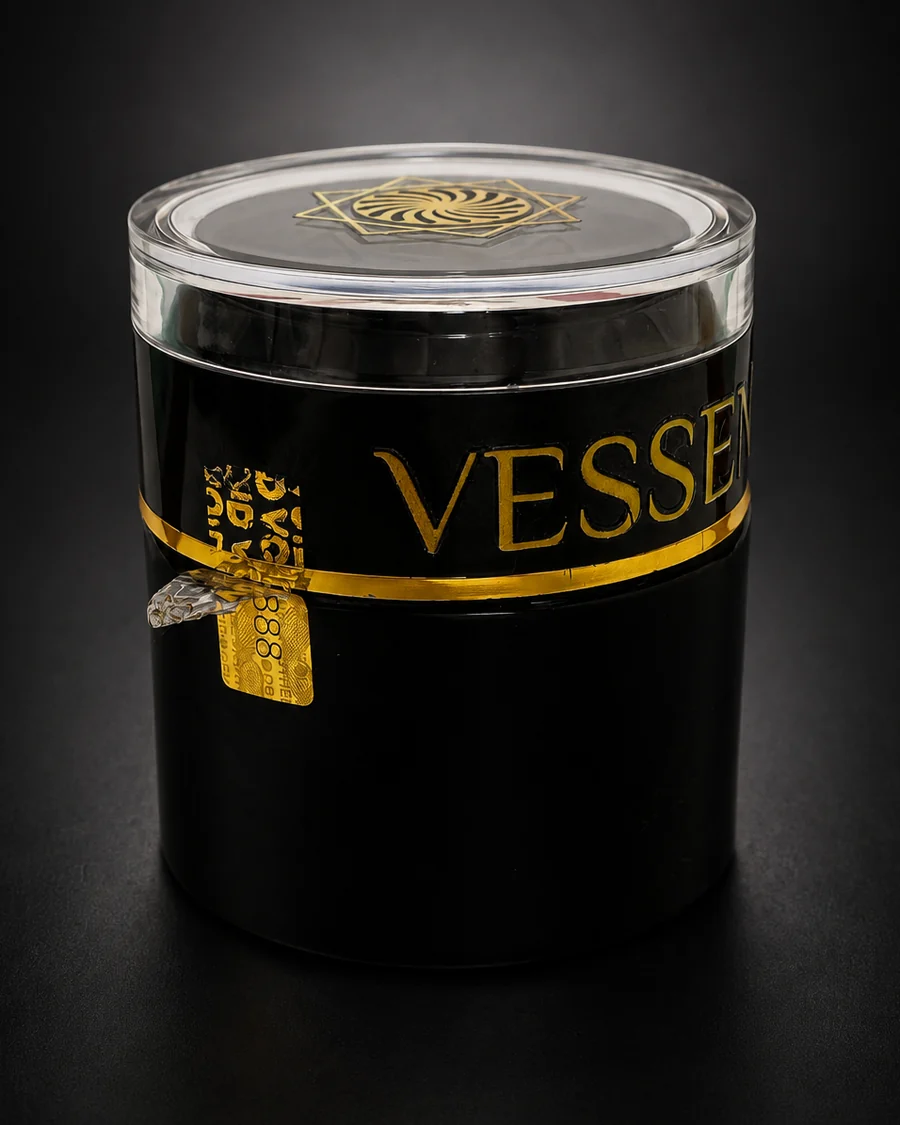 VESSENSE jar with the control seal partially removed, revealing the golden VOID layer beneath the number