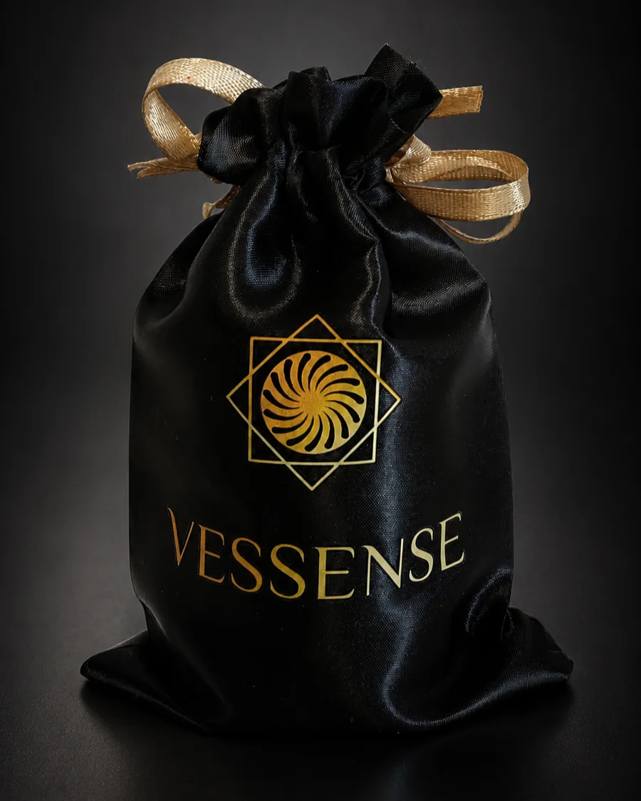 Black satin VESSENSE pouch with gold emblem and drawstring ribbon