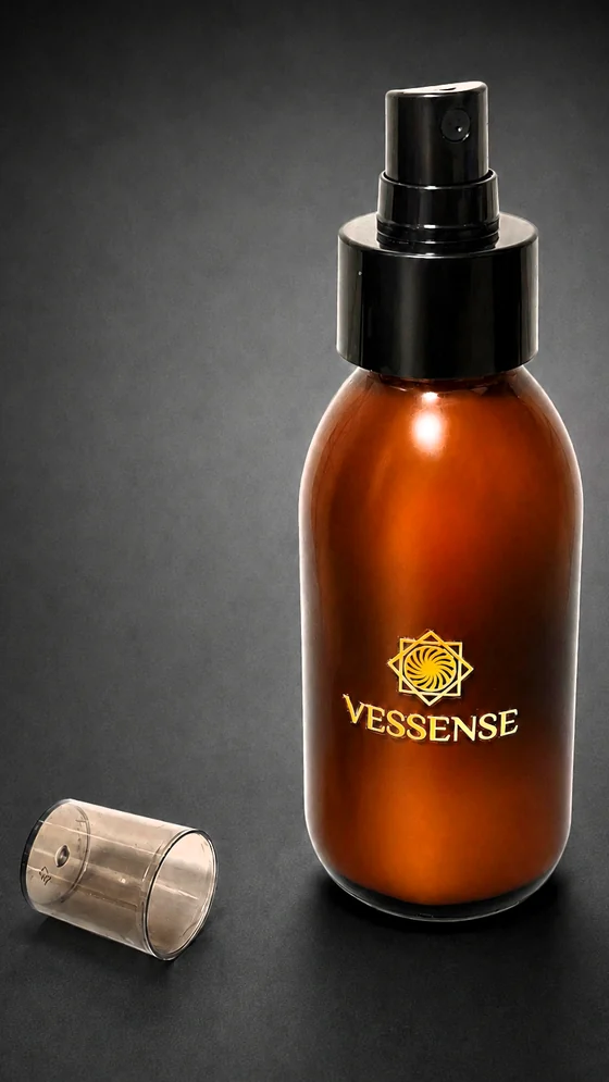 VESSENSE LE VOILE GRAND LARGE sun milk in a 100 ml dark amber glass bottle with black pump